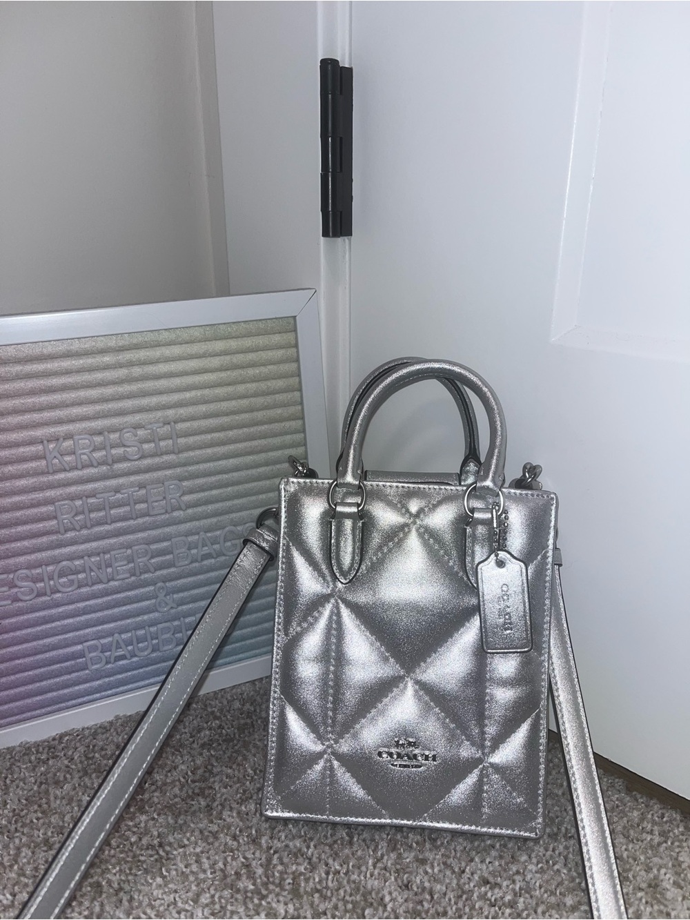NWOT COACH Metallic Silver Diamond Quilted Mini Tote Bag - Picture 2 of 6